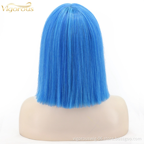 Cheap Wholesale Short Bob Wig With Bangs Mono Blue Bob Wig Heat Resistant Synthetic Straight Wave Full Head Hair Wig For Women